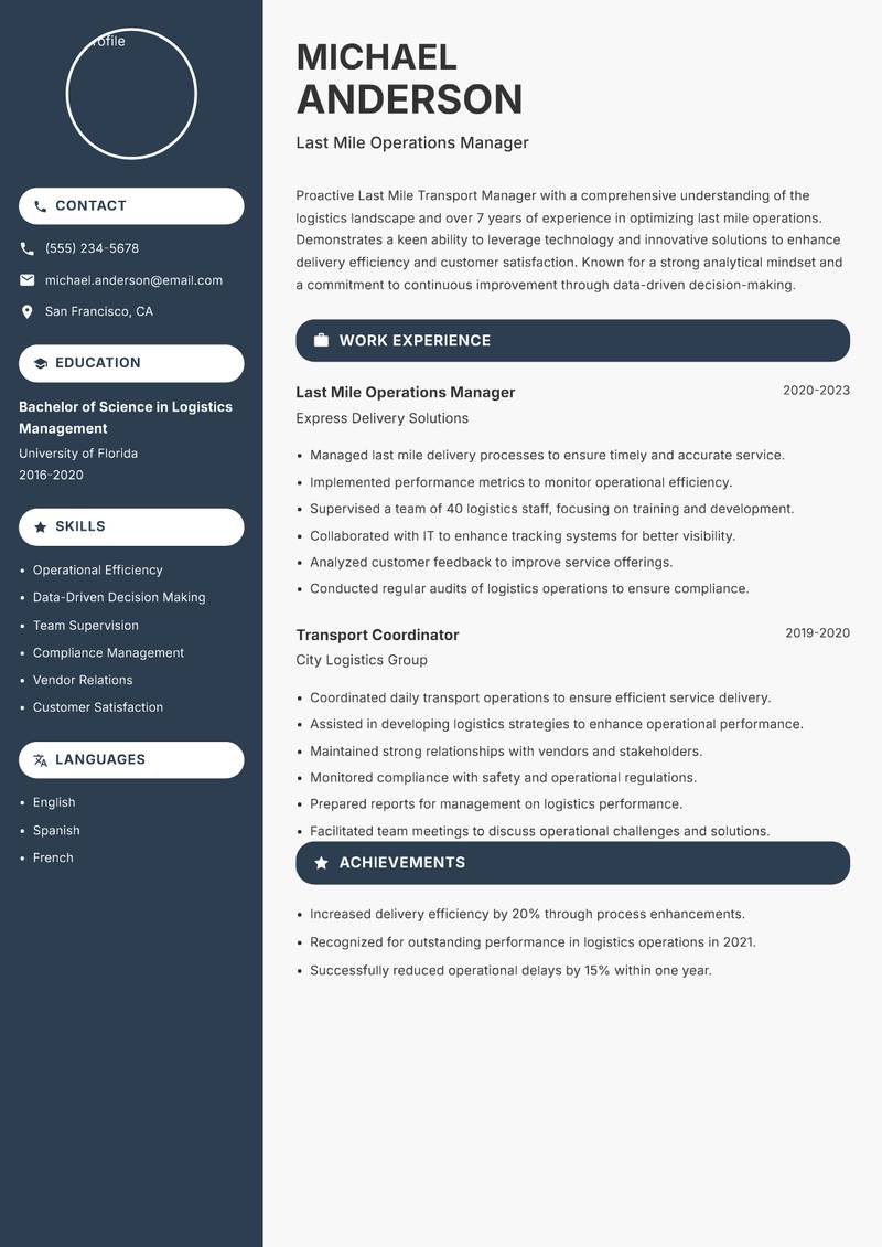 Last Mile Transport Manager resume template — Compact