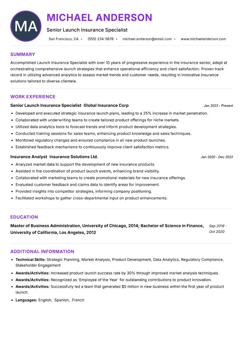 Launch Insurance Specialist resume example — ATS-friendly template