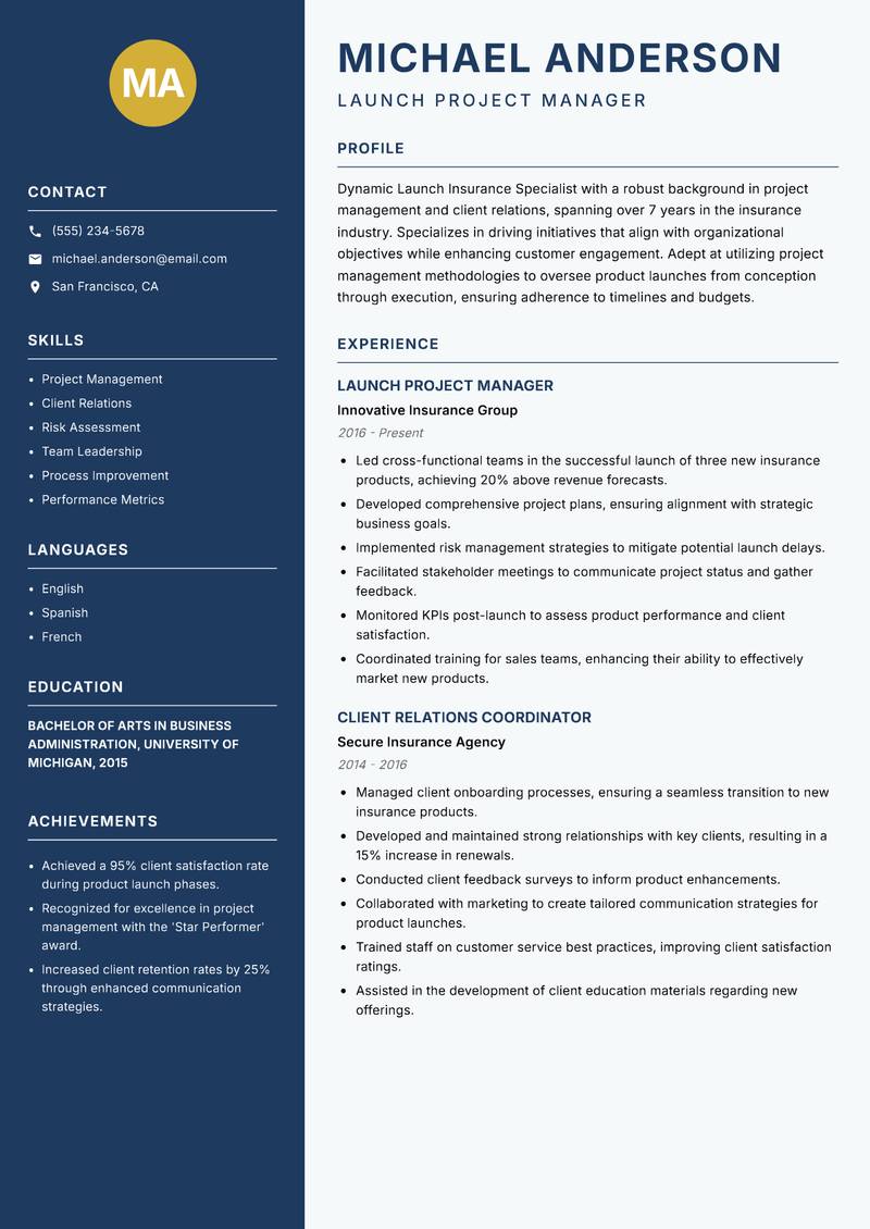 Launch Insurance Specialist resume template — Classic Clean