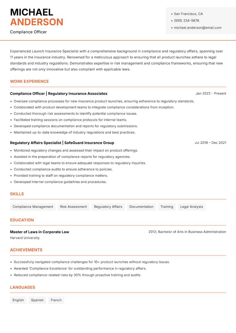 Launch Insurance Specialist resume template — Modern Professional