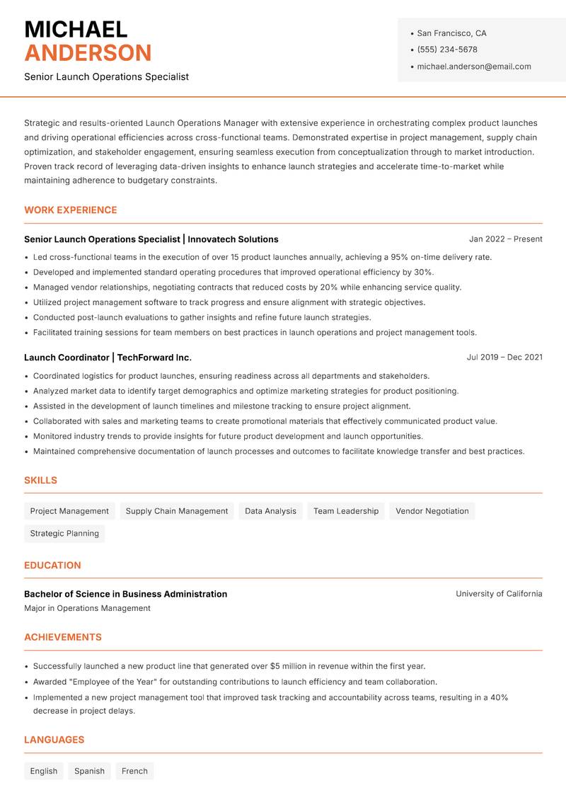 Launch Operations Manager resume template — Modern Professional