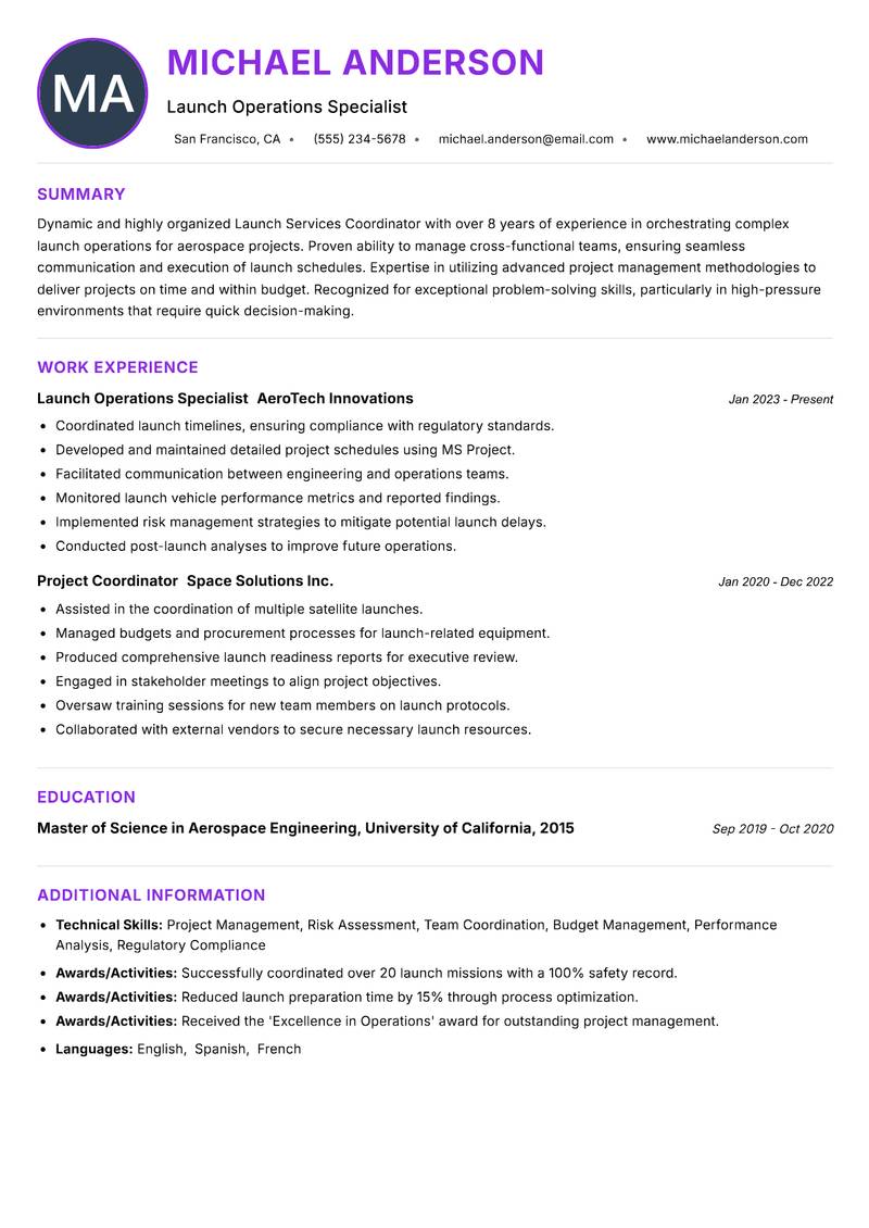 Launch Services Coordinator resume example — ATS-friendly template