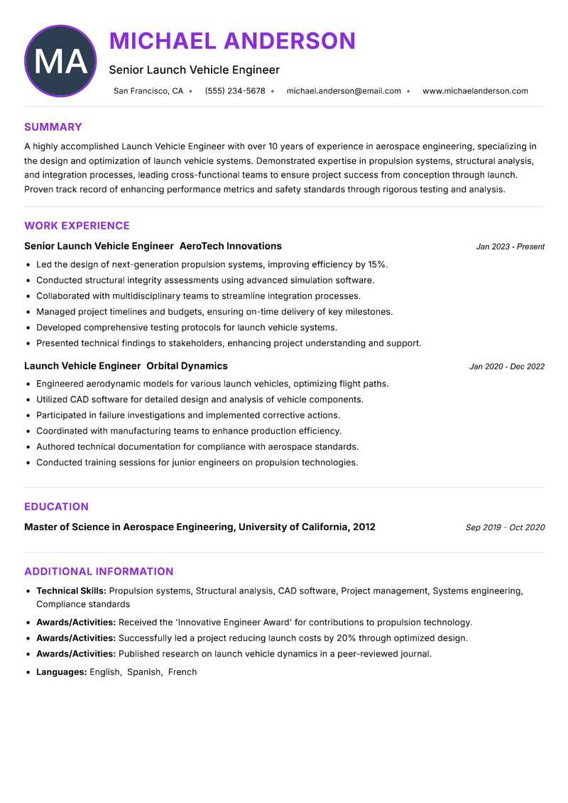 Launch Vehicle Engineer resume example — ATS-friendly template
