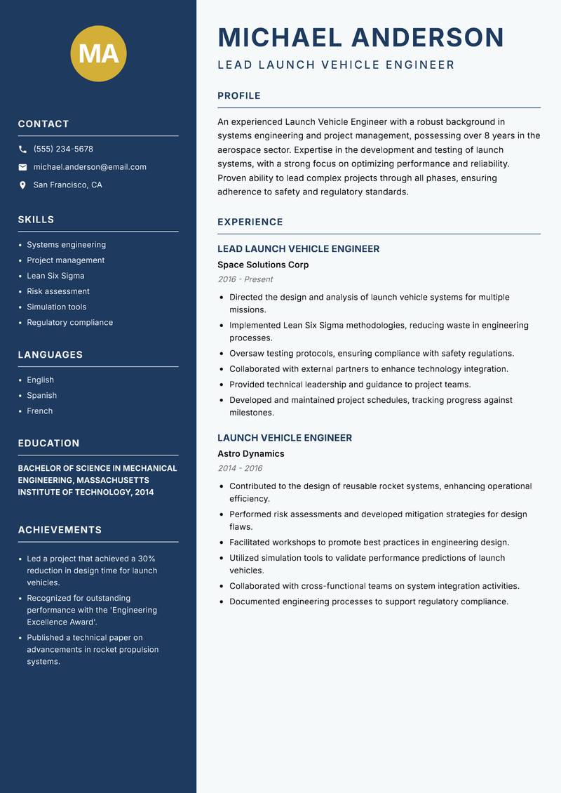 Launch Vehicle Engineer resume template — Classic Clean