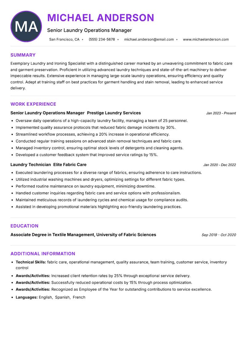 Laundry and Ironing Specialist resume example — ATS-friendly template