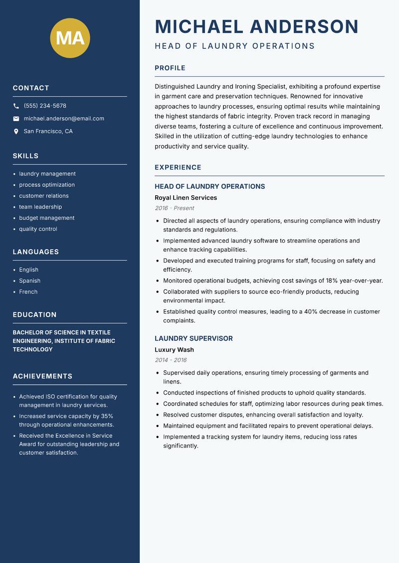 Laundry and Ironing Specialist resume template — Classic Clean
