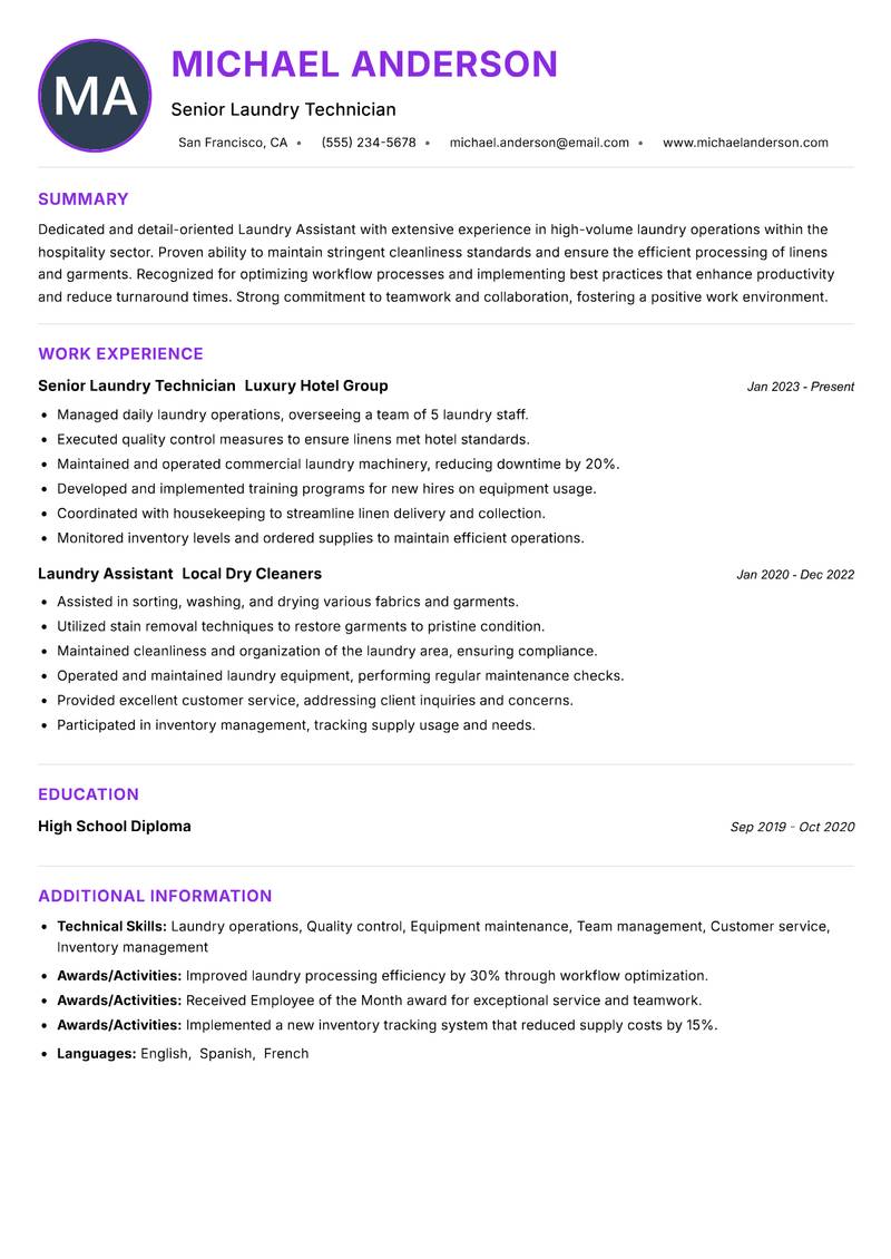 Laundry Assistant resume example — ATS-friendly template