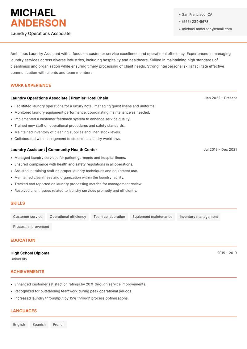 Laundry Assistant resume template — Modern Professional