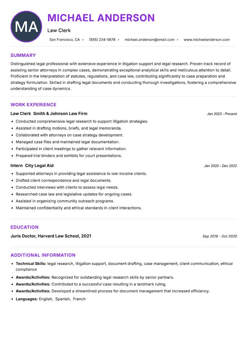 Law Clerk resume example — ATS-friendly template