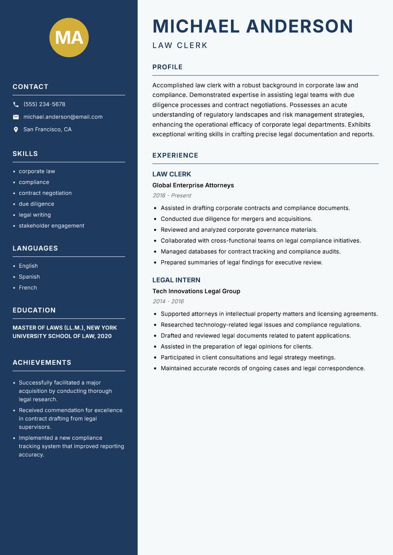 Law Clerk resume template — Classic Clean