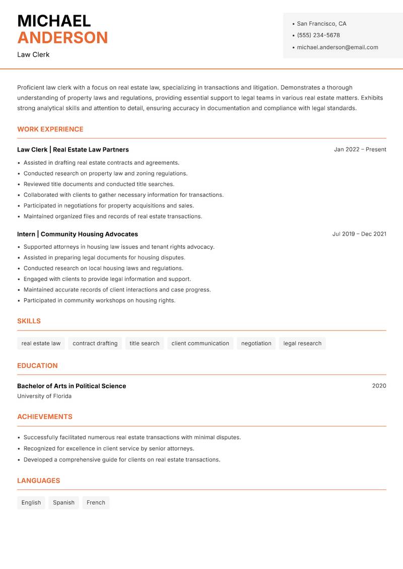 Law Clerk resume template — Modern Professional