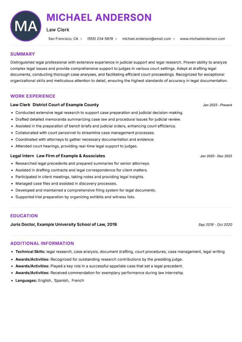 Law Clerk Judge resume example — ATS-friendly template