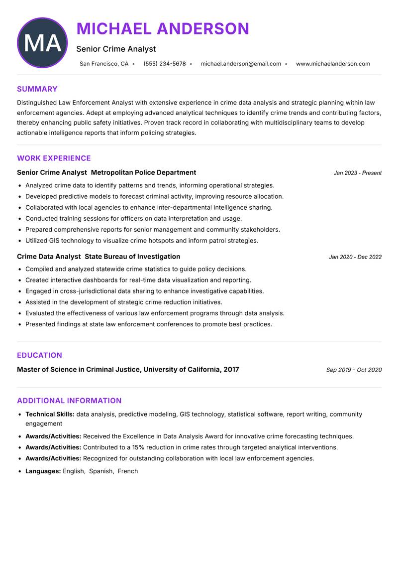 Law Enforcement Analyst resume example — ATS-friendly template