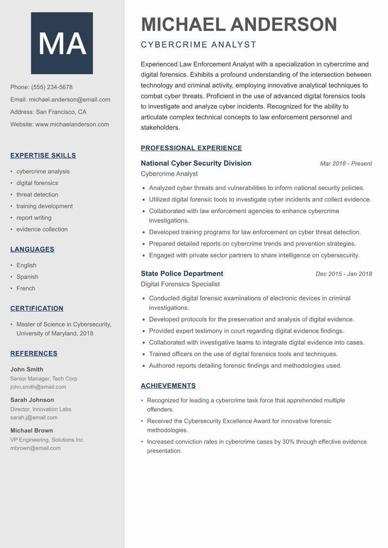 Law Enforcement Analyst resume template — Creative Minimal
