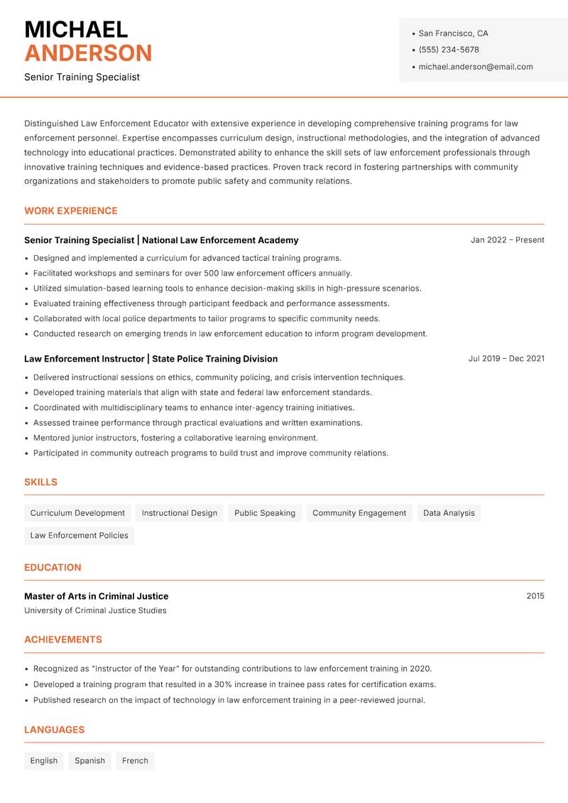 Law Enforcement Educator resume template — Modern Professional