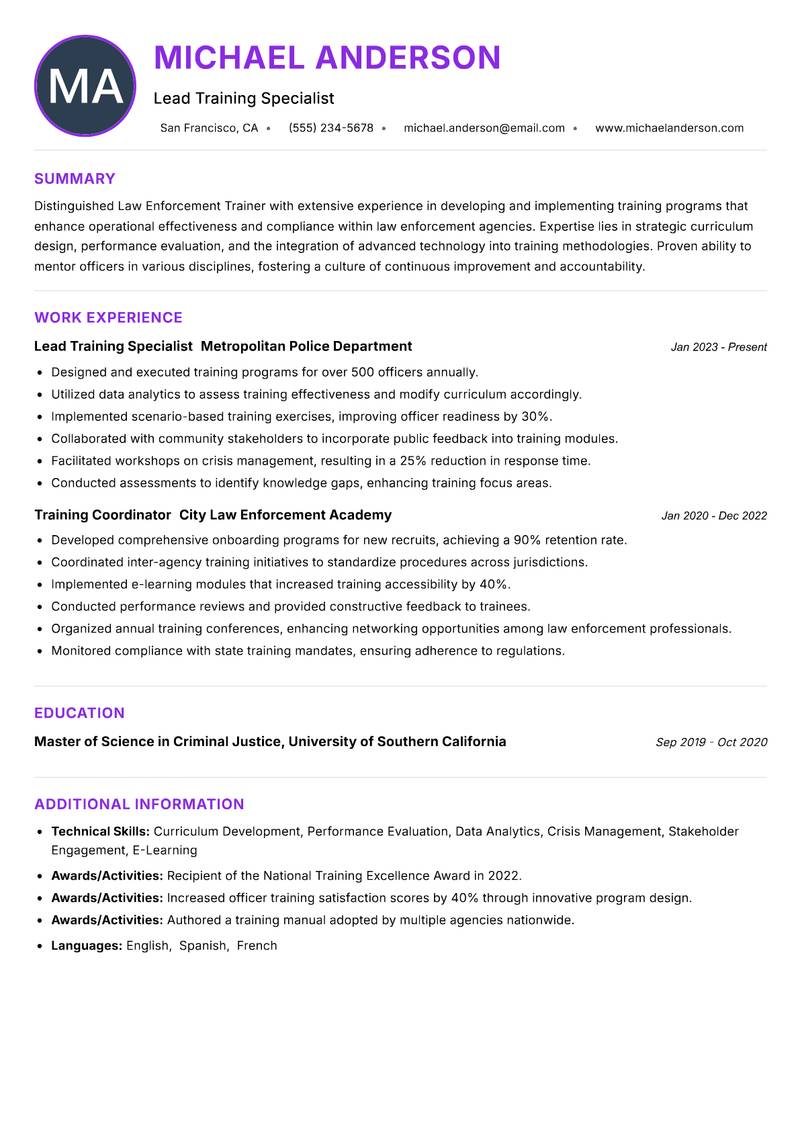 Law Enforcement Trainer resume example — ATS-friendly template