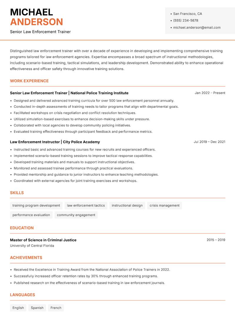 Law Enforcement Trainer resume template — Modern Professional