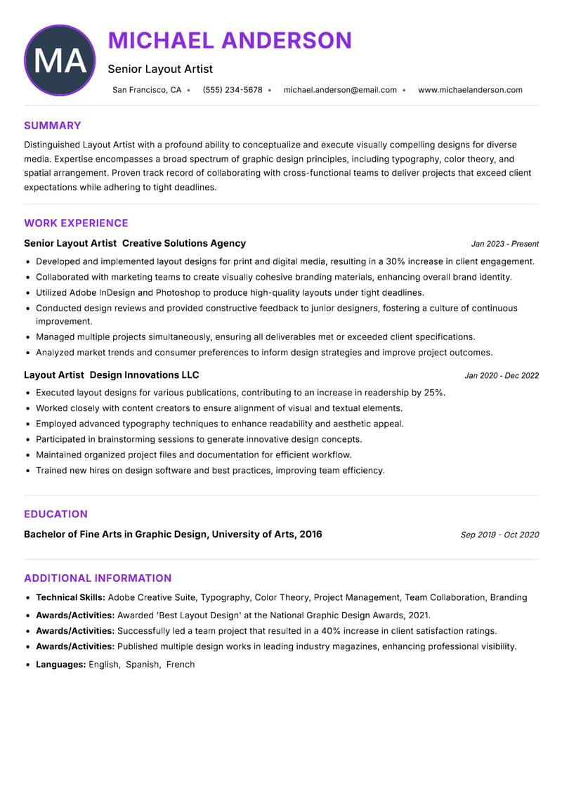 Layout Artist resume example — ATS-friendly template