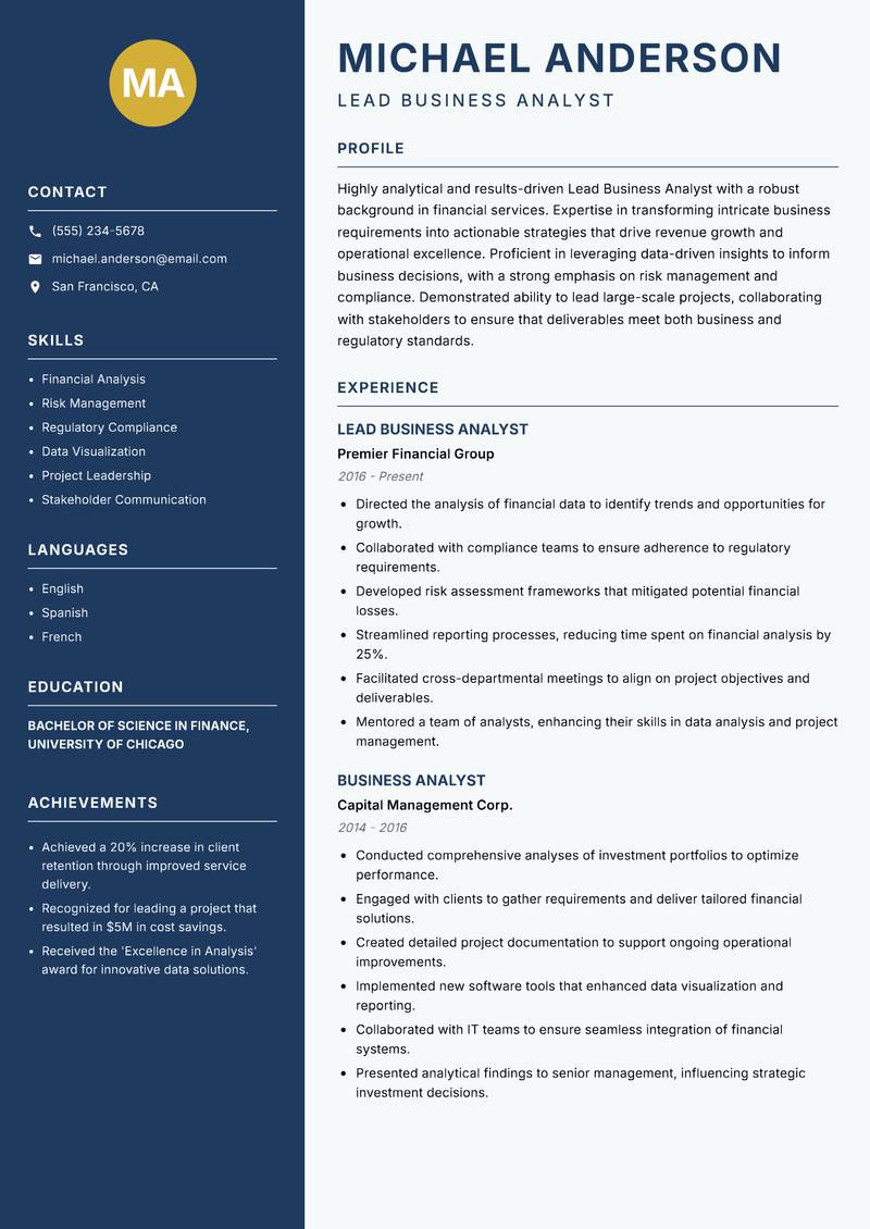 Lead Business Analyst resume template — Classic Clean