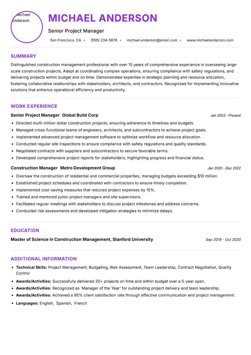 Lead Construction Manager resume example — ATS-friendly template