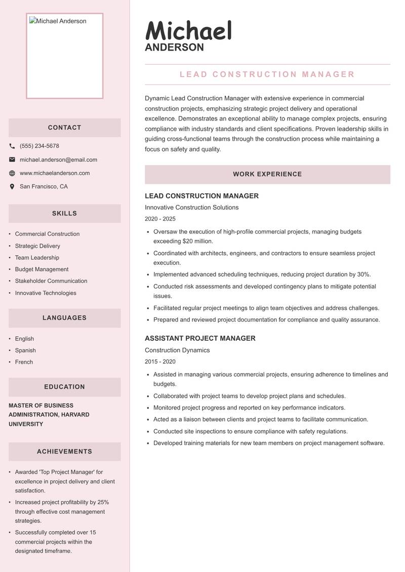 Lead Construction Manager resume template — Executive