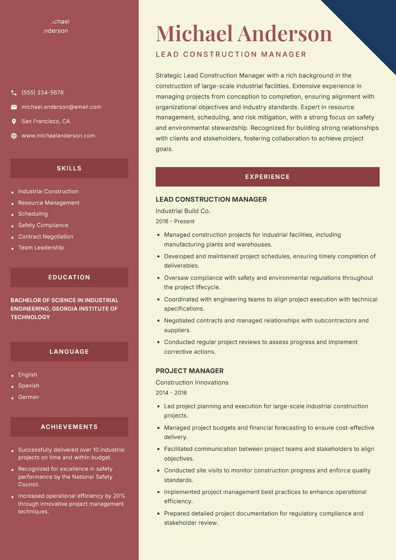 Lead Construction Manager resume template — Two Column