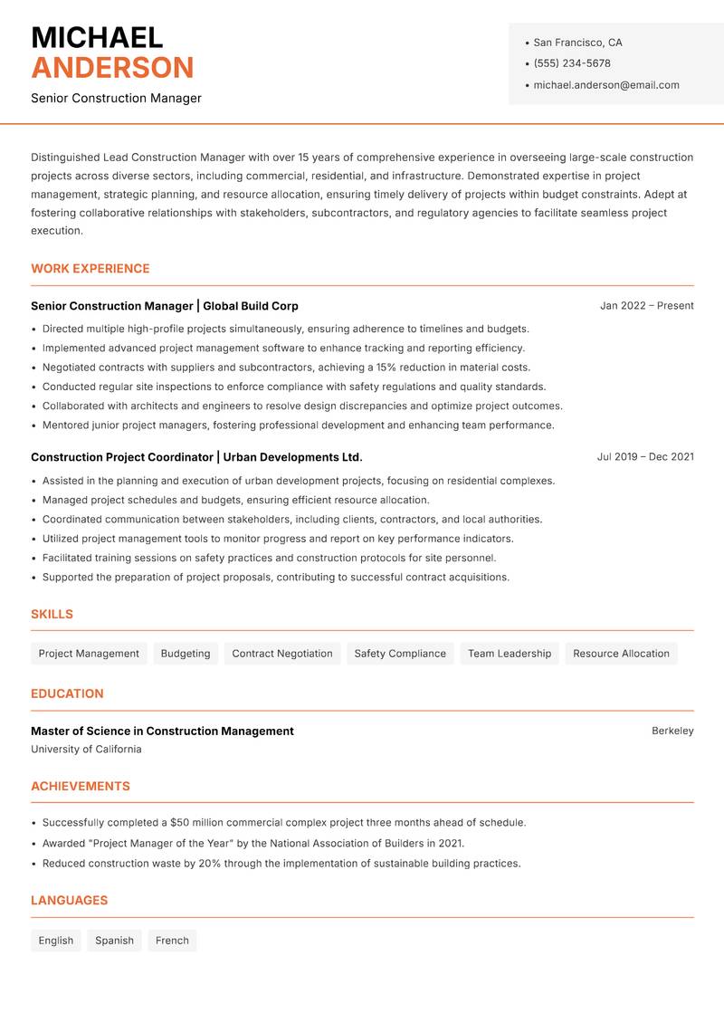 Lead Construction Manager resume template — Modern Professional