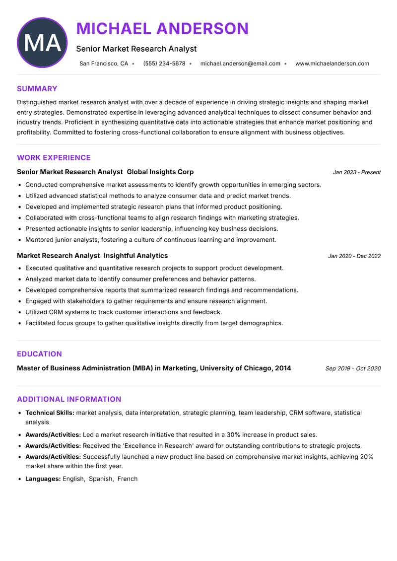 Lead Market Research Analyst resume example — ATS-friendly template