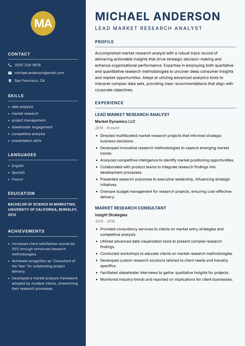 Lead Market Research Analyst resume template — Classic Clean