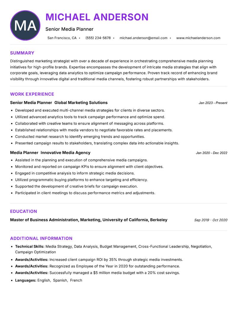 Lead Media Planner resume example — ATS-friendly template