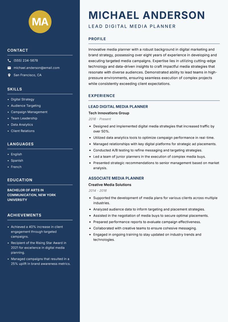 Lead Media Planner resume template — Classic Clean