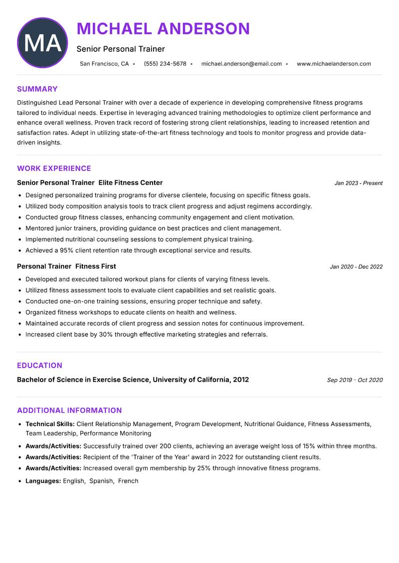 Lead Personal Trainer resume example — ATS-friendly template