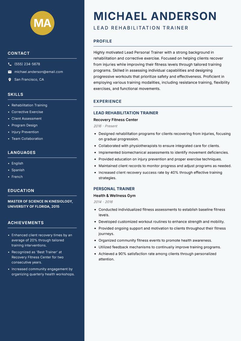 Lead Personal Trainer resume template — Classic Clean