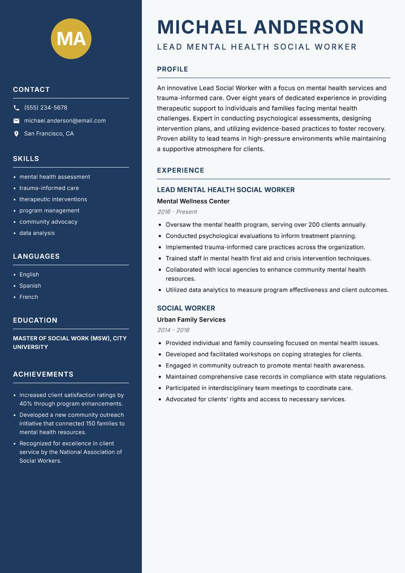 Lead Social Worker resume template — Classic Clean