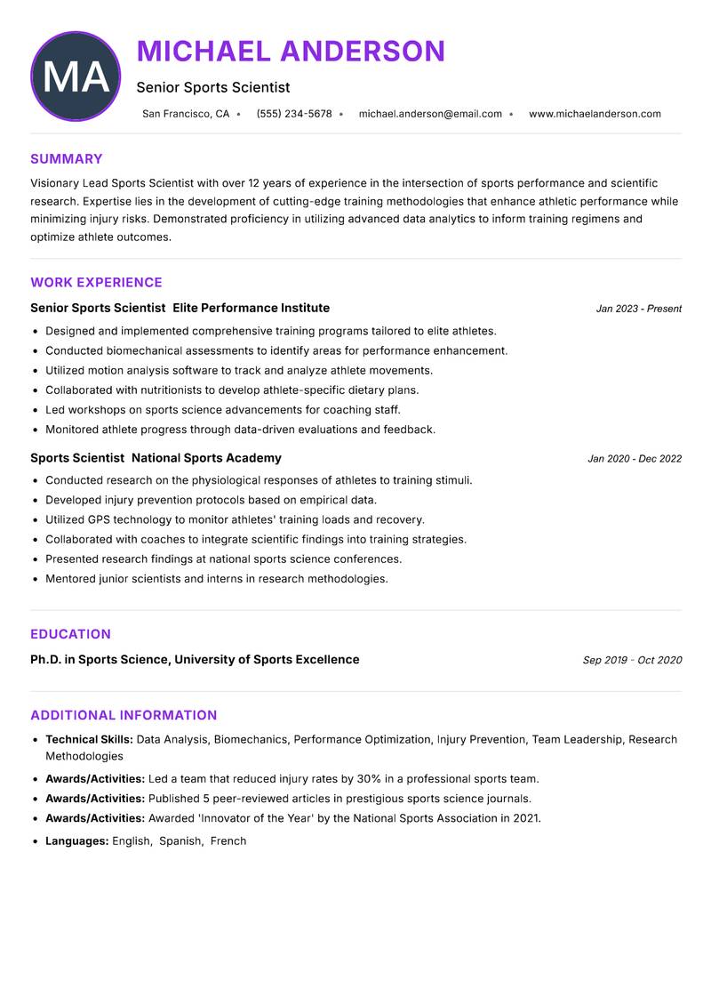 Lead Sports Scientist resume example — ATS-friendly template