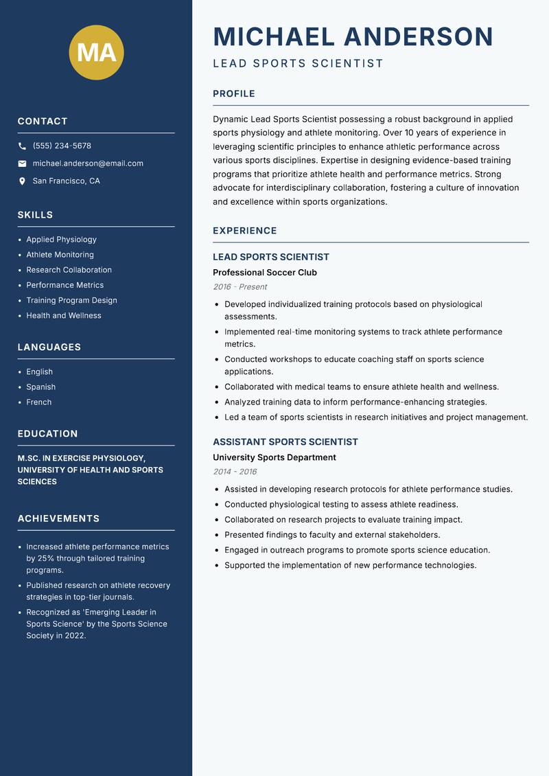 Lead Sports Scientist resume template — Classic Clean