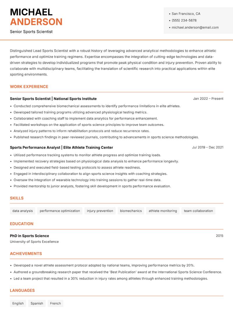 Lead Sports Scientist resume template — Modern Professional