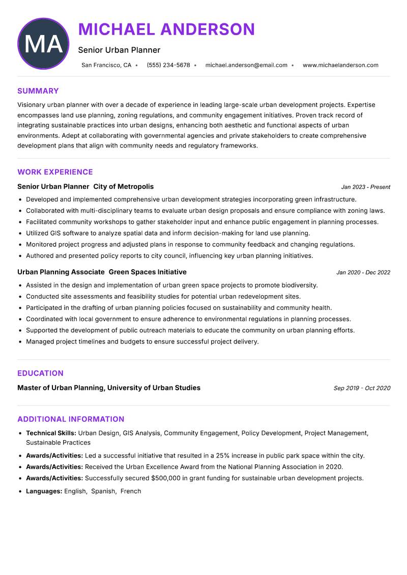 Lead Urban Planner resume example — ATS-friendly template