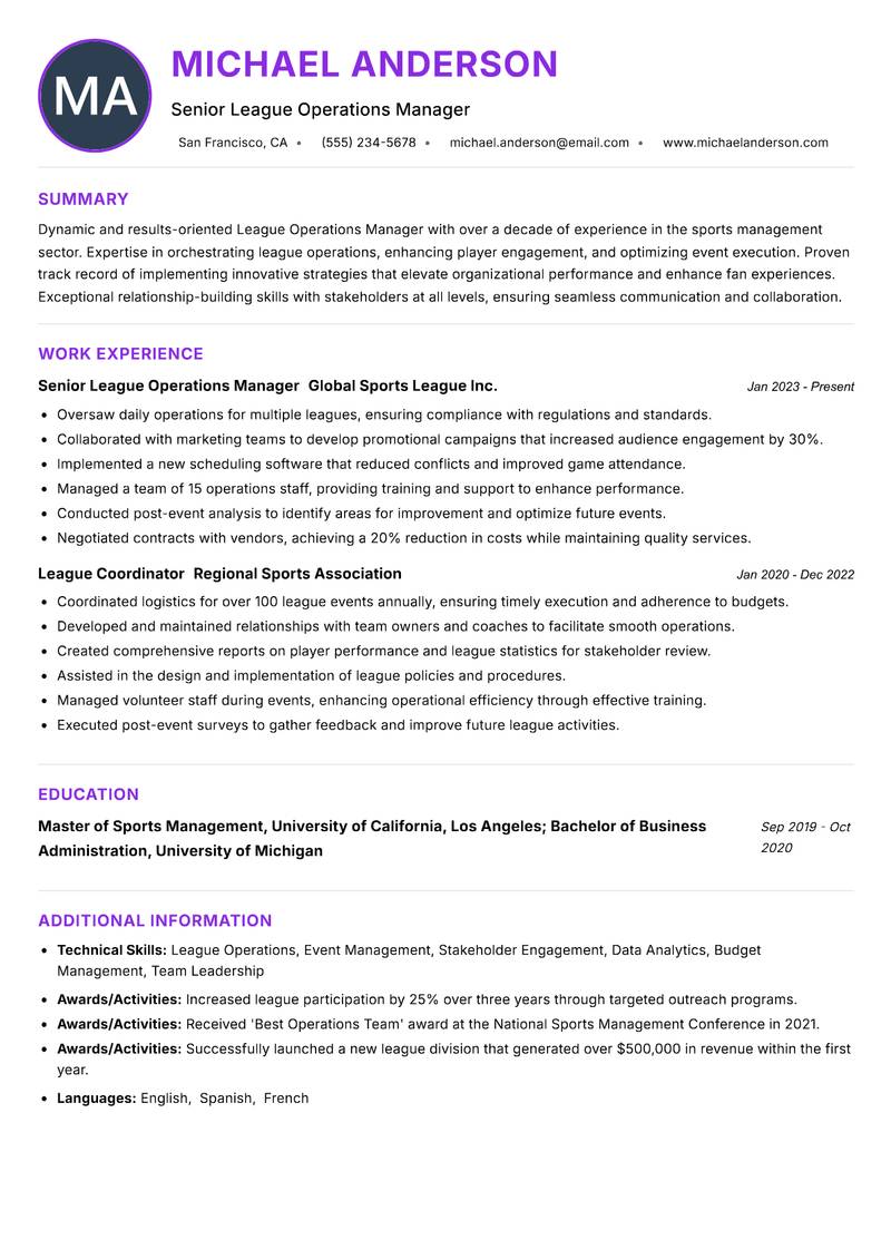 League Operations Manager resume example — ATS-friendly template