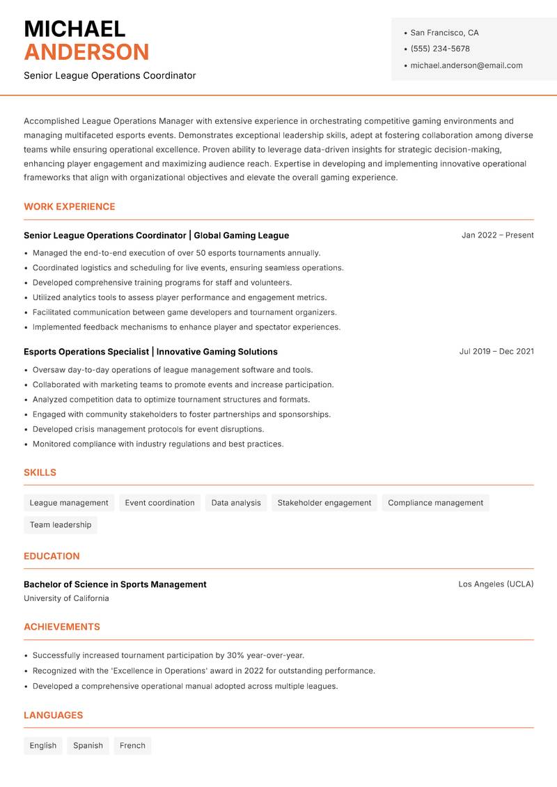 League Operations Manager resume template — Modern Professional