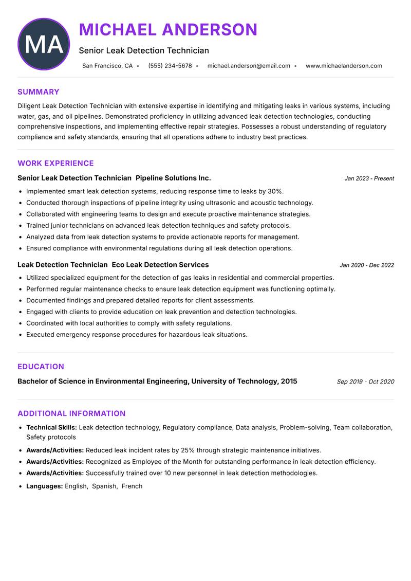 Leak Detection Technician resume example — ATS-friendly template
