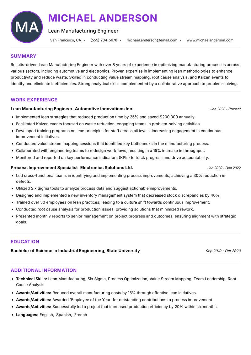 Lean Manufacturing Engineer resume example — ATS-friendly template