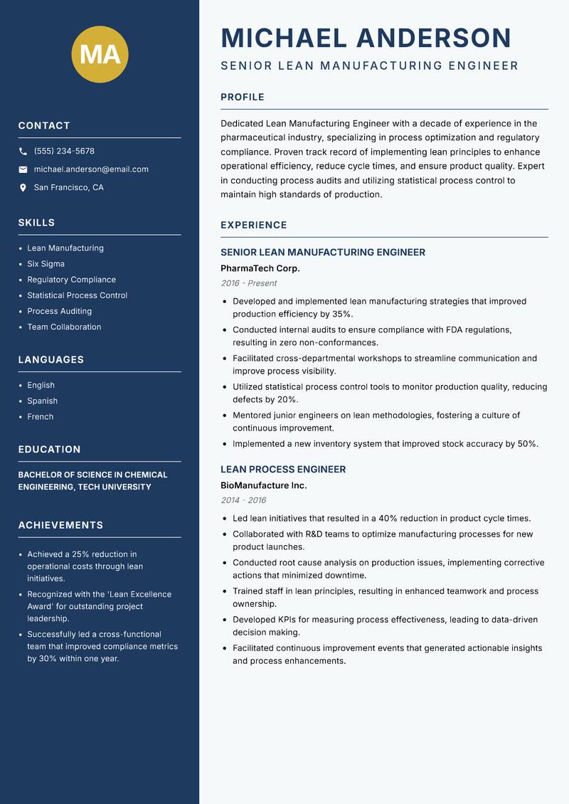 Lean Manufacturing Engineer resume template — Classic Clean