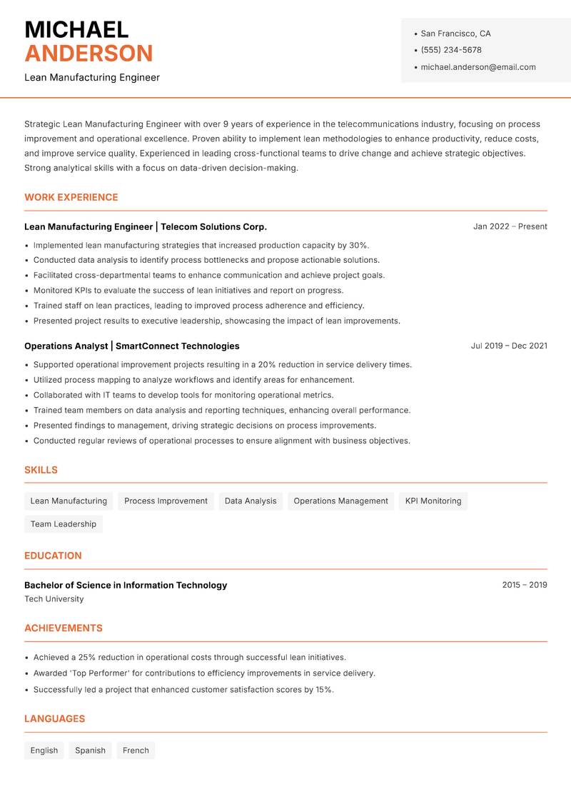 Lean Manufacturing Engineer resume template — Modern Professional