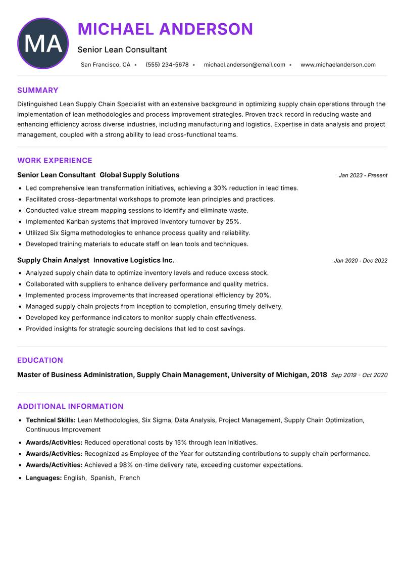 Lean Supply Chain Specialist resume example — ATS-friendly template