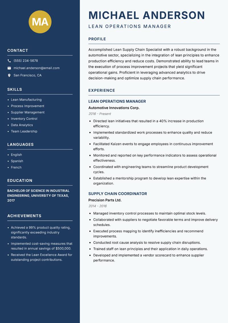 Lean Supply Chain Specialist resume template — Classic Clean