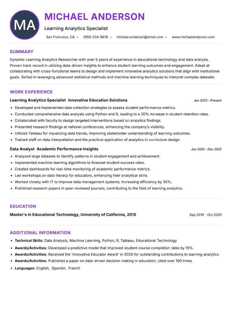 Learning Analytics Researcher resume example — ATS-friendly template
