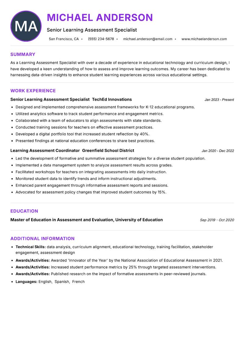Learning Assessment Specialist resume example — ATS-friendly template