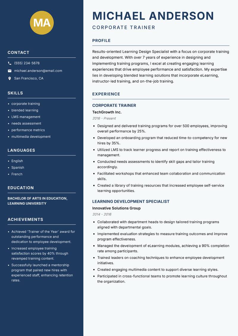 Learning Design Specialist resume template — Classic Clean