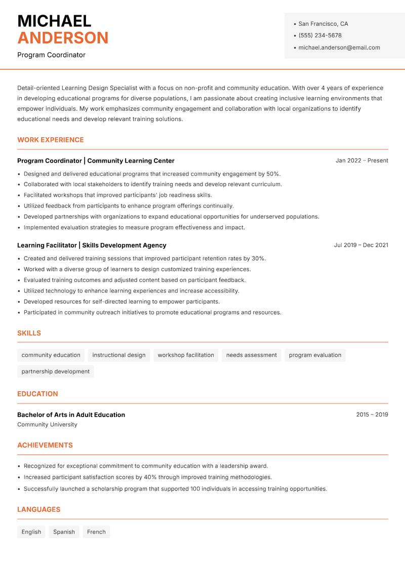 Learning Design Specialist resume template — Modern Professional
